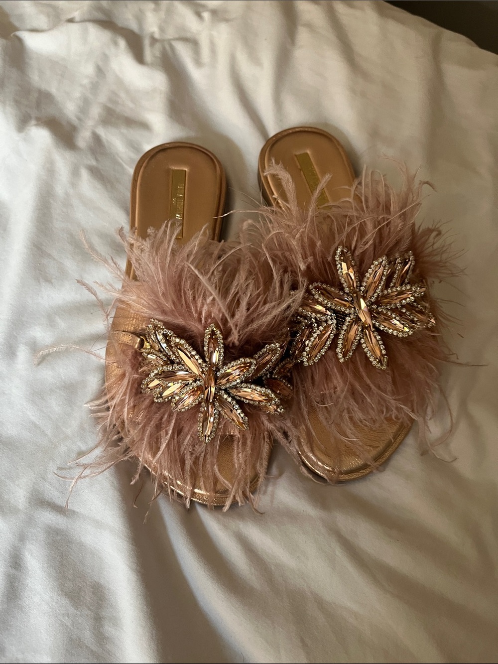 PAOLA FIORENZA Blush Feather Slide Sandals with Crystal Floral Accent